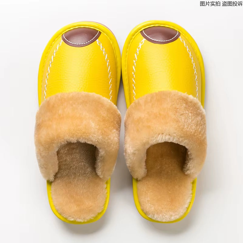 Men Winter Leather Slippers Bedroom Cotton Slippers Male Waterproof Thick plus Velvet Indoor Warm House Home Slippers Shoes