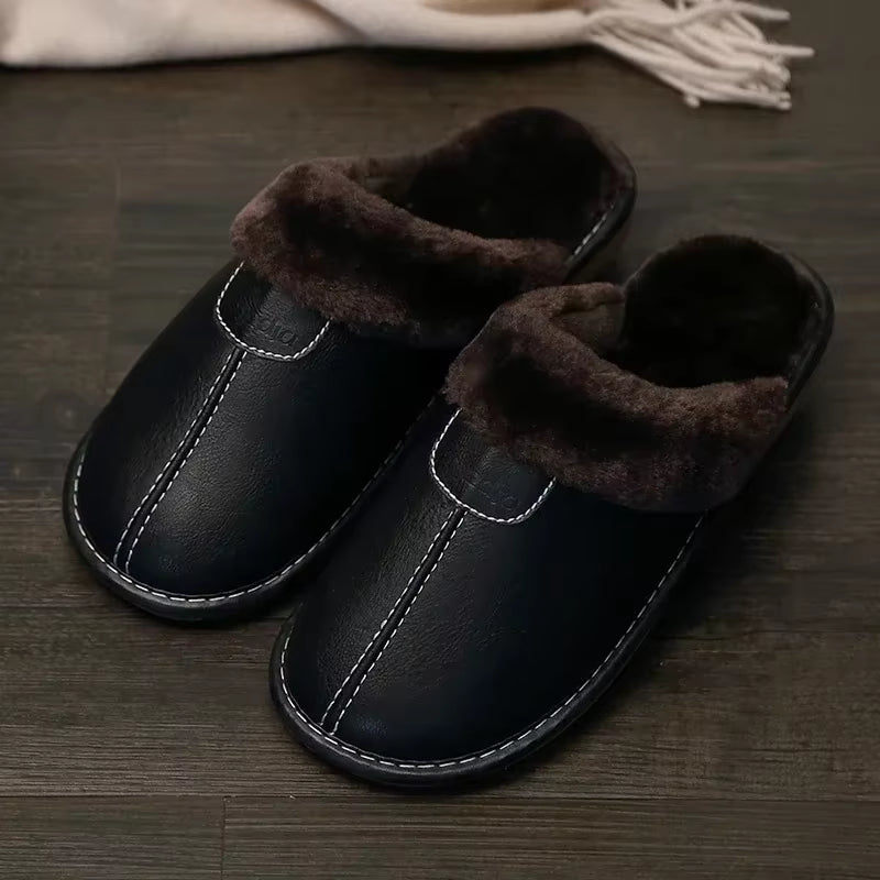 Men Winter Leather Slippers Bedroom Cotton Slippers Male Waterproof Thick plus Velvet Indoor Warm House Home Slippers Shoes