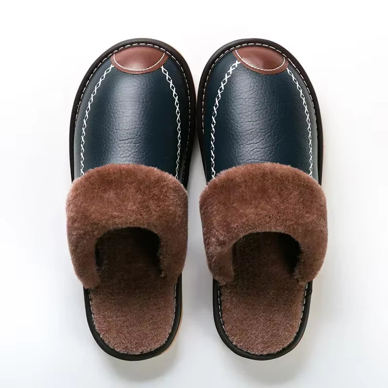 Men Winter Leather Slippers Bedroom Cotton Slippers Male Waterproof Thick plus Velvet Indoor Warm House Home Slippers Shoes