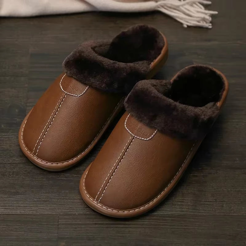 Men Winter Leather Slippers Bedroom Cotton Slippers Male Waterproof Thick plus Velvet Indoor Warm House Home Slippers Shoes