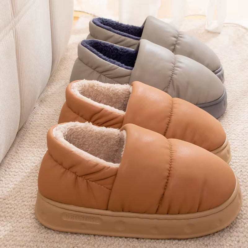 Men Winter Cotton Slippers Waterproof anti Slip Thick Bottom Shoes Couple Home Use Plush Cotton Slippers Women