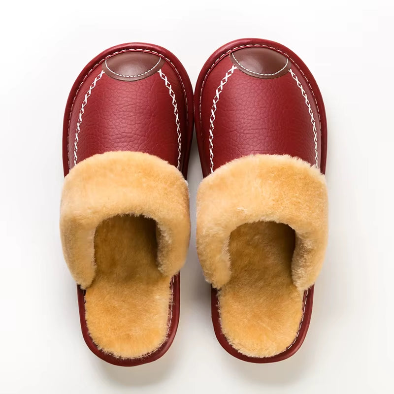 Men Winter Leather Slippers Bedroom Cotton Slippers Male Waterproof Thick plus Velvet Indoor Warm House Home Slippers Shoes