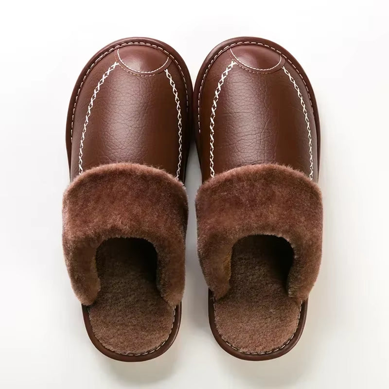 Men Winter Leather Slippers Bedroom Cotton Slippers Male Waterproof Thick plus Velvet Indoor Warm House Home Slippers Shoes