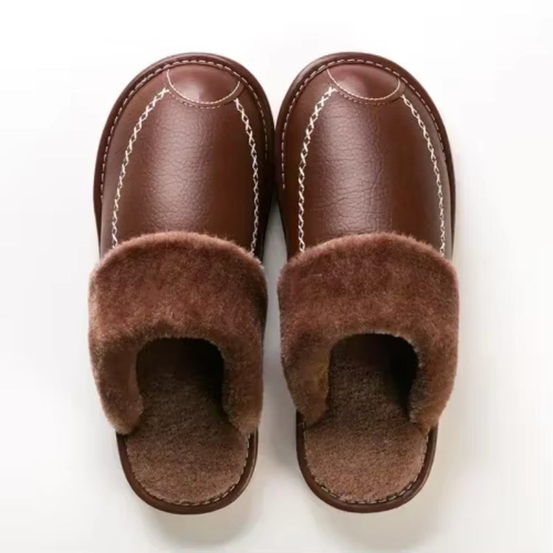 Men Winter Leather Slippers Bedroom Cotton Slippers Male Waterproof Thick plus Velvet Indoor Warm House Home Slippers Shoes