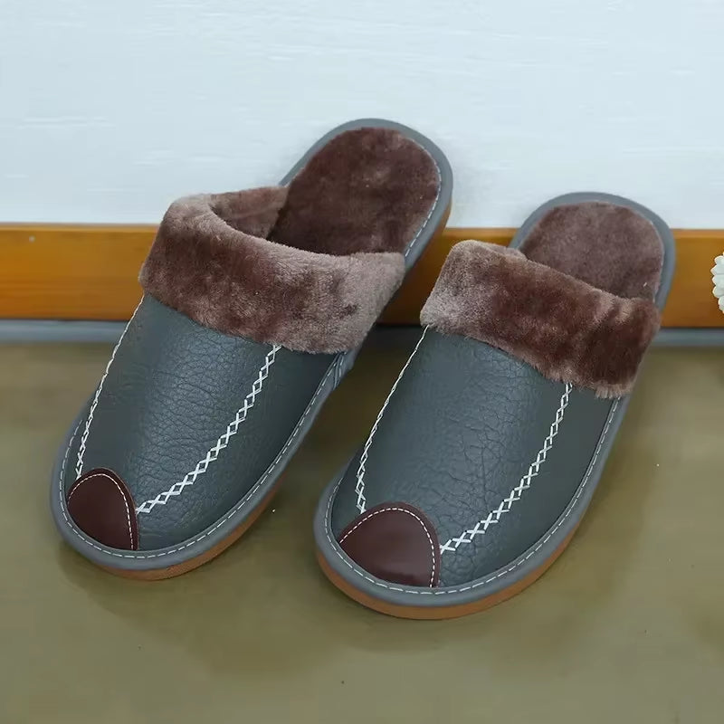 Men Winter Leather Slippers Bedroom Cotton Slippers Male Waterproof Thick plus Velvet Indoor Warm House Home Slippers Shoes