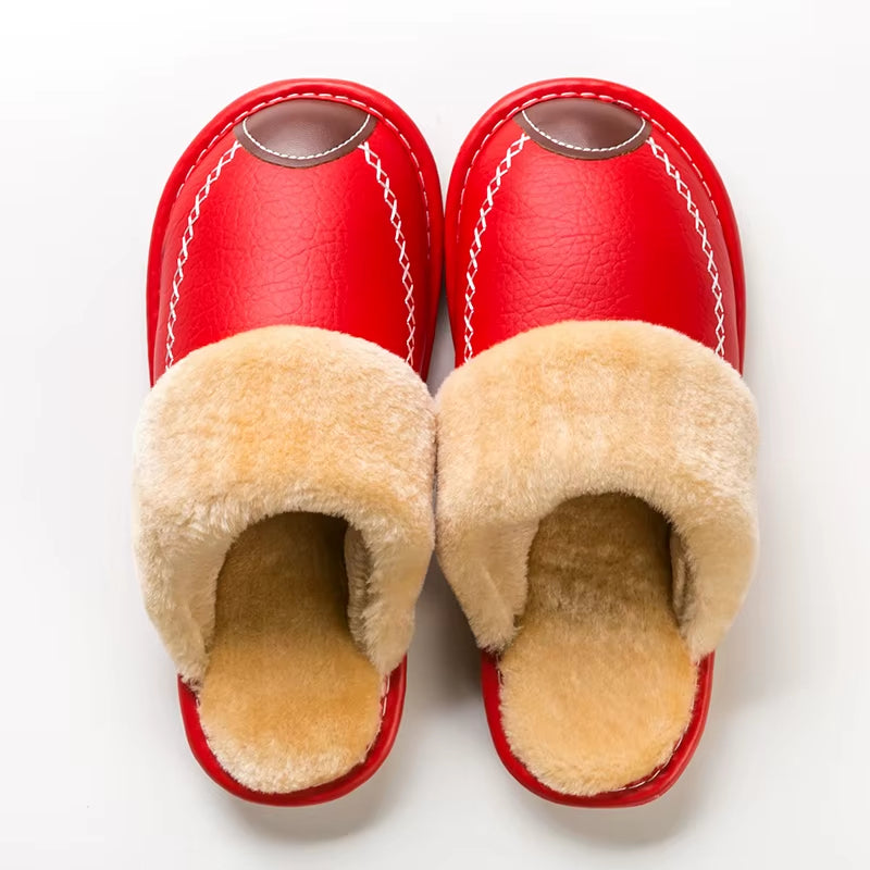 Men Winter Leather Slippers Bedroom Cotton Slippers Male Waterproof Thick plus Velvet Indoor Warm House Home Slippers Shoes