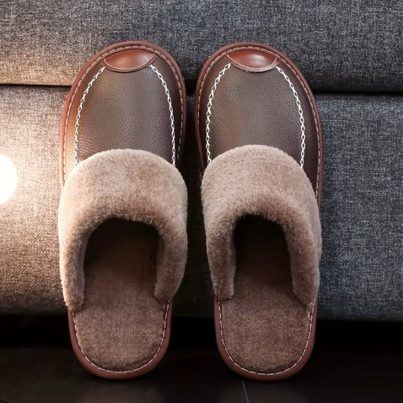 Men Winter Leather Slippers Bedroom Cotton Slippers Male Waterproof Thick plus Velvet Indoor Warm House Home Slippers Shoes